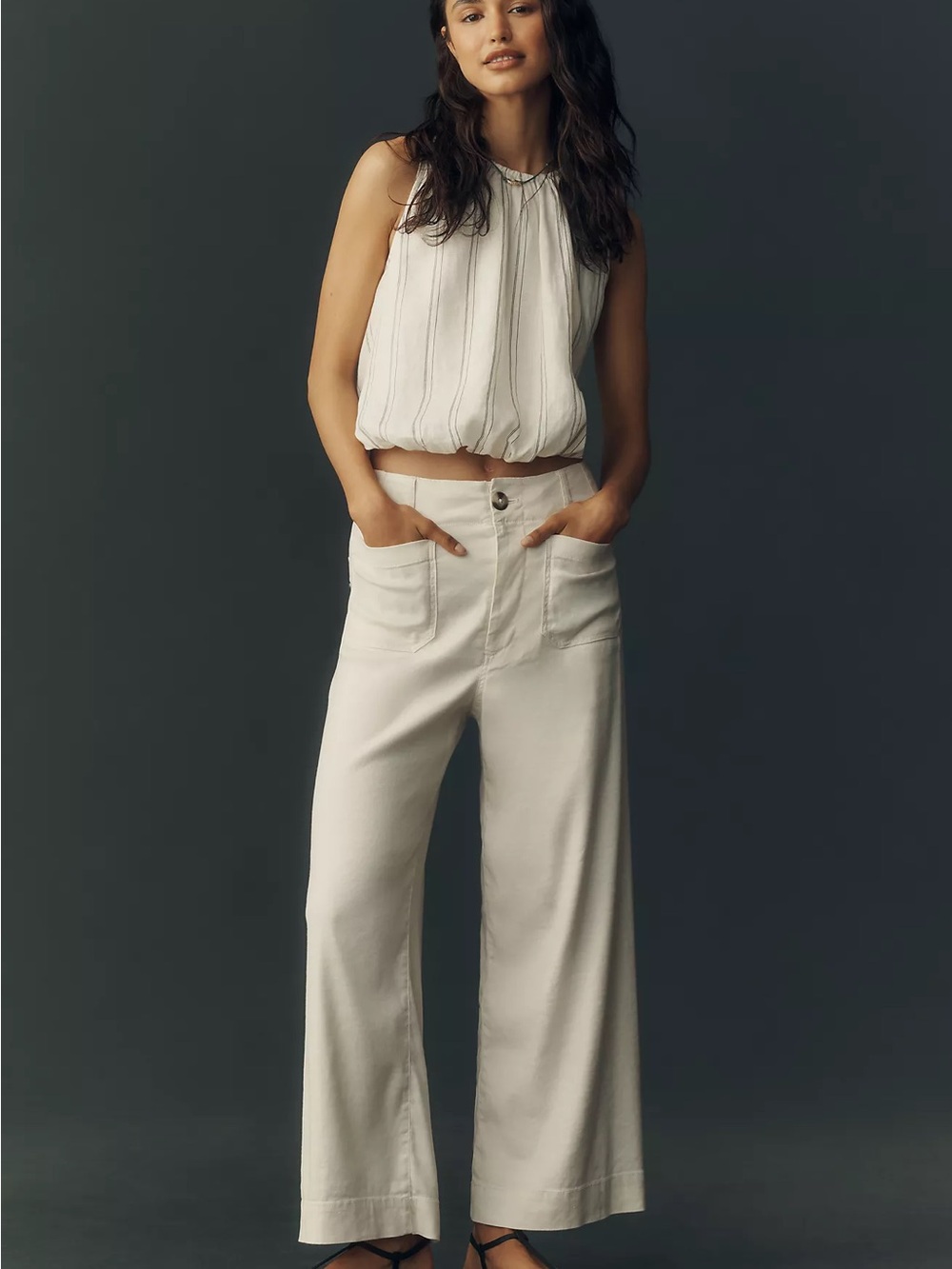 Maeve Colette Linen Stretch High Rise Wide Leg Pants Ivory Size 27